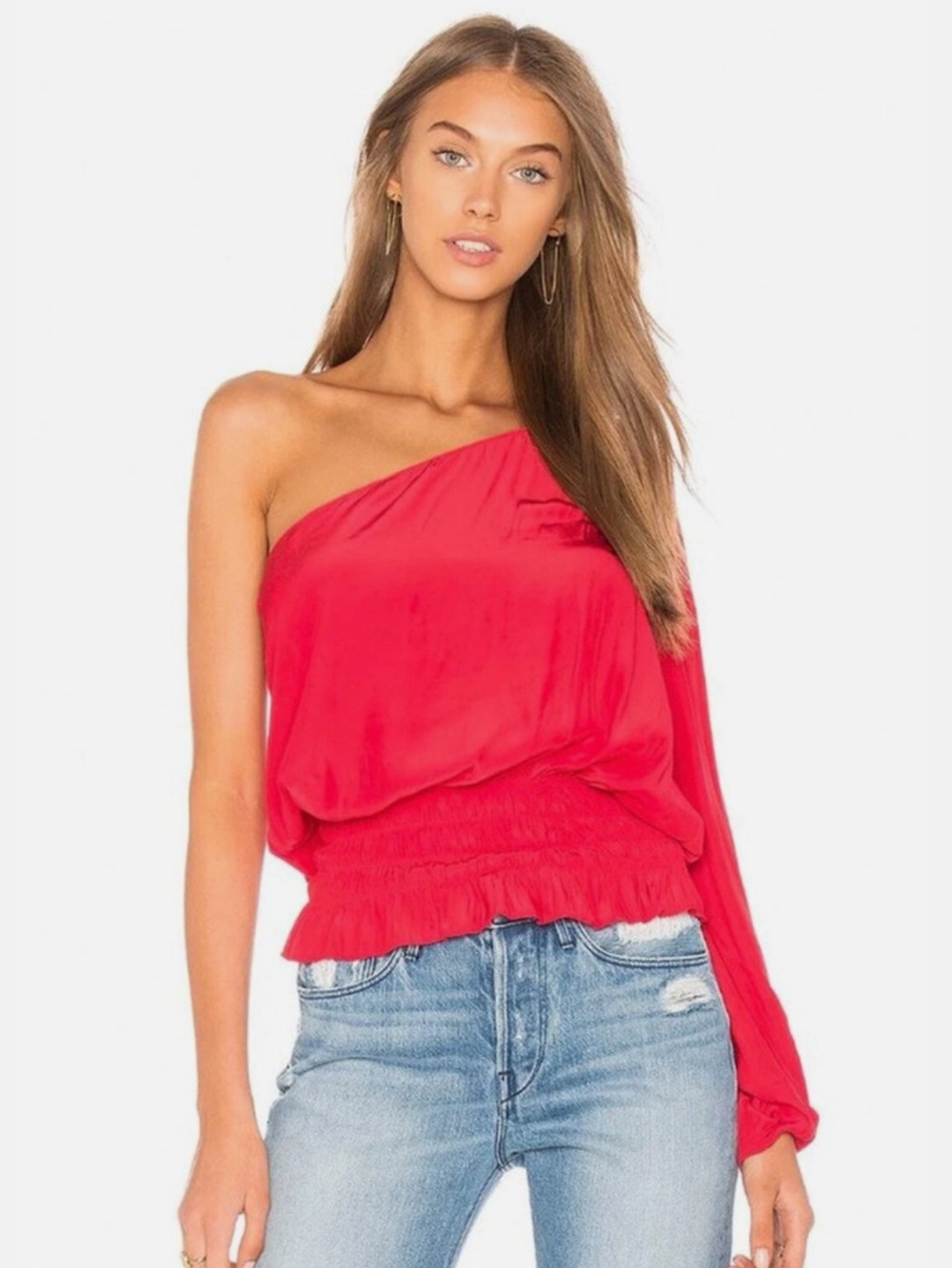RAMY BROOK Janey One Shouler Ruffle Hem Top Bright Red Size S